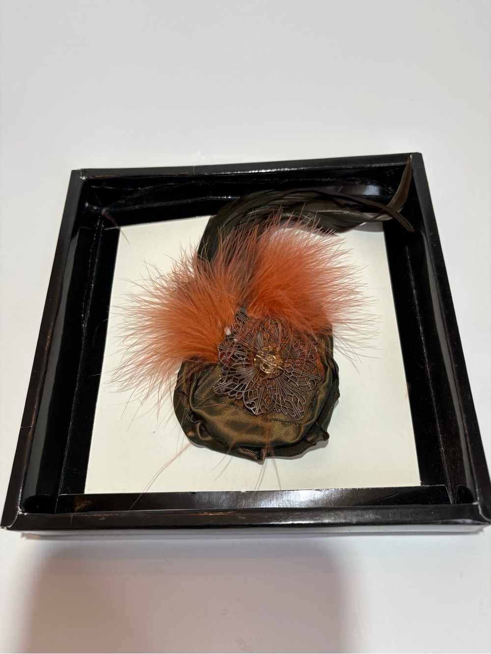 Decorative Feather & Floral Brooch Pin - Orange Feather, Olive Base